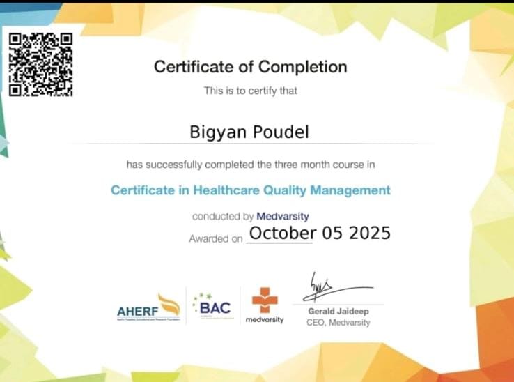 Certificate of Completion in Healthcare Quality Management, Medvarsity, October 2025